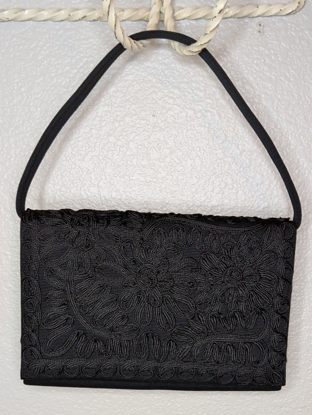 Vintage 50s Black Rococo Ribbon Embroidered Cocktail Bag Corde Purse Formal MCM
